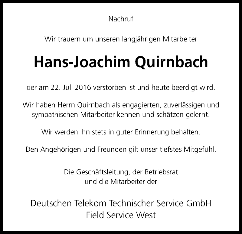  Traueranzeige für Hans-Joachim Quirnbach vom 05.08.2016 aus Kölner Stadt-Anzeiger / Kölnische Rundschau / Express