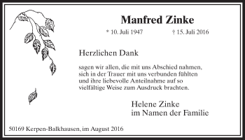 Anzeige von Manfred Zinke von  Sonntags-Post 