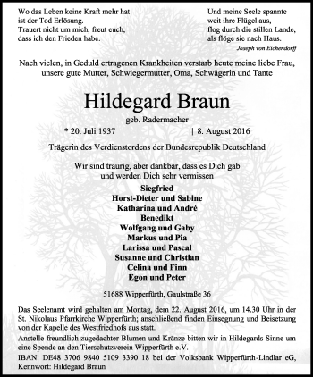 Anzeige von Hildegard Braun von Kölner Stadt-Anzeiger / Kölnische Rundschau / Express