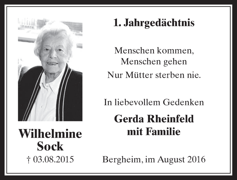  Traueranzeige für Wilhelmine Sock vom 03.08.2016 aus  Werbepost 