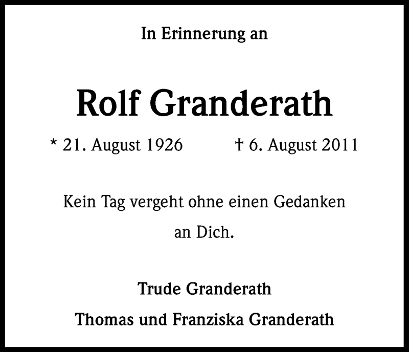  Traueranzeige für Rolf Granderath vom 20.08.2016 aus Kölner Stadt-Anzeiger / Kölnische Rundschau / Express