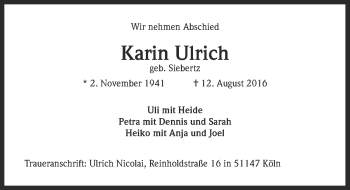 Anzeige von Karin Ulrich von  Kölner Wochenspiegel 