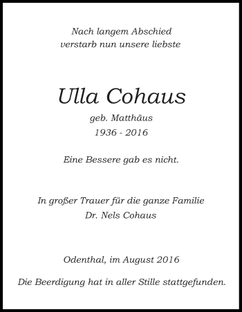 Anzeige von Ulla Cohaus von Kölner Stadt-Anzeiger / Kölnische Rundschau / Express