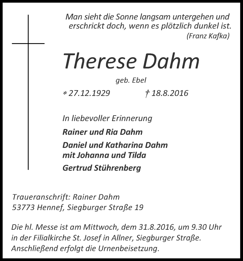  Traueranzeige für Therese Dahm vom 24.08.2016 aus Kölner Stadt-Anzeiger / Kölnische Rundschau / Express