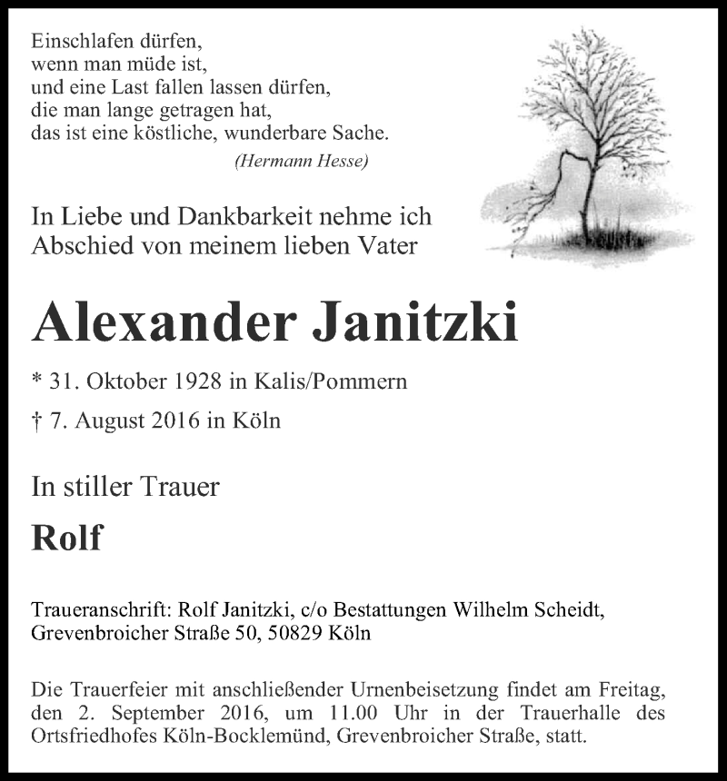  Traueranzeige für Alexander Janitzki vom 27.08.2016 aus Kölner Stadt-Anzeiger / Kölnische Rundschau / Express
