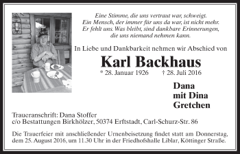 Anzeige von Karl Backhaus von  Werbepost 