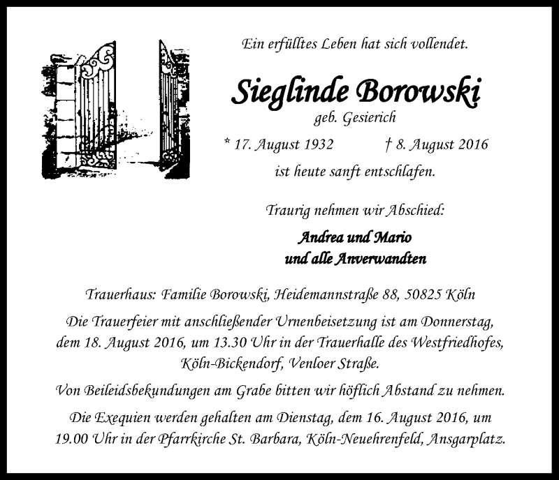  Traueranzeige für Sieglinde Borowski vom 13.08.2016 aus Kölner Stadt-Anzeiger / Kölnische Rundschau / Express