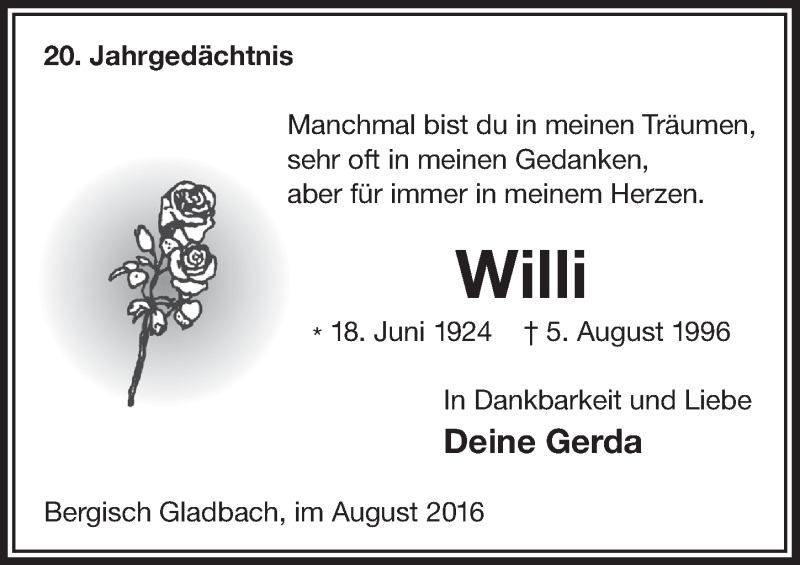  Traueranzeige für Willi  vom 03.08.2016 aus  Bergisches Handelsblatt 