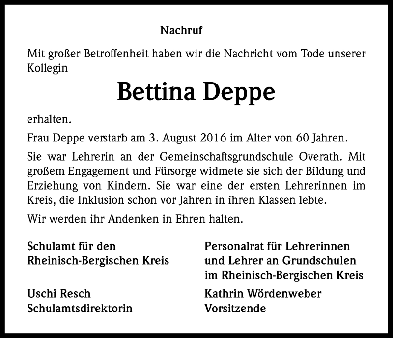  Traueranzeige für Bettina Deppe vom 12.08.2016 aus Kölner Stadt-Anzeiger / Kölnische Rundschau / Express