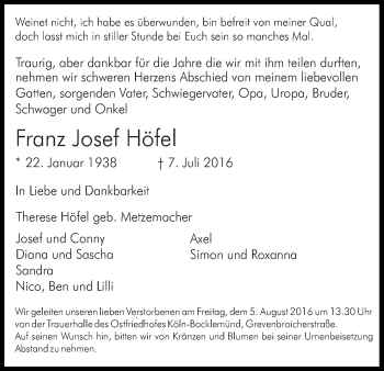 Anzeige von Franz Josef Höfel von Kölner Stadt-Anzeiger / Kölnische Rundschau / Express