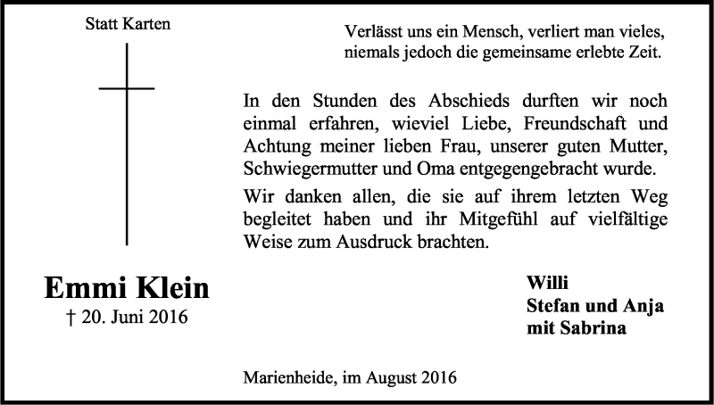  Traueranzeige für Emmi Klein vom 27.08.2016 aus Kölner Stadt-Anzeiger / Kölnische Rundschau / Express