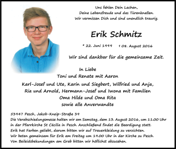 Anzeige von Erik Schmitz von Kölner Stadt-Anzeiger / Kölnische Rundschau / Express
