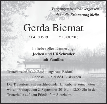 Anzeige von Gerda Biernat von  Blickpunkt Euskirchen 