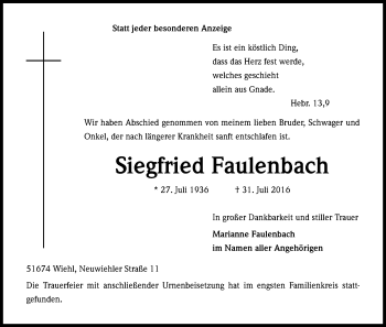 Anzeige von Siegfried Faulenbach von Kölner Stadt-Anzeiger / Kölnische Rundschau / Express