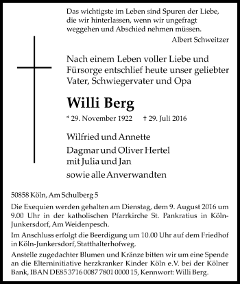 Anzeige von Willi Berg von Kölner Stadt-Anzeiger / Kölnische Rundschau / Express