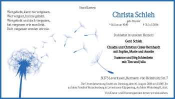 Anzeige von Christa Schleh von Kölner Stadt-Anzeiger / Kölnische Rundschau / Express