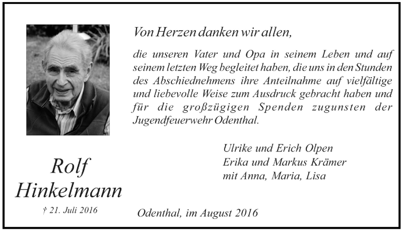  Traueranzeige für Rolf Hinkelmann vom 31.08.2016 aus  Bergisches Handelsblatt 