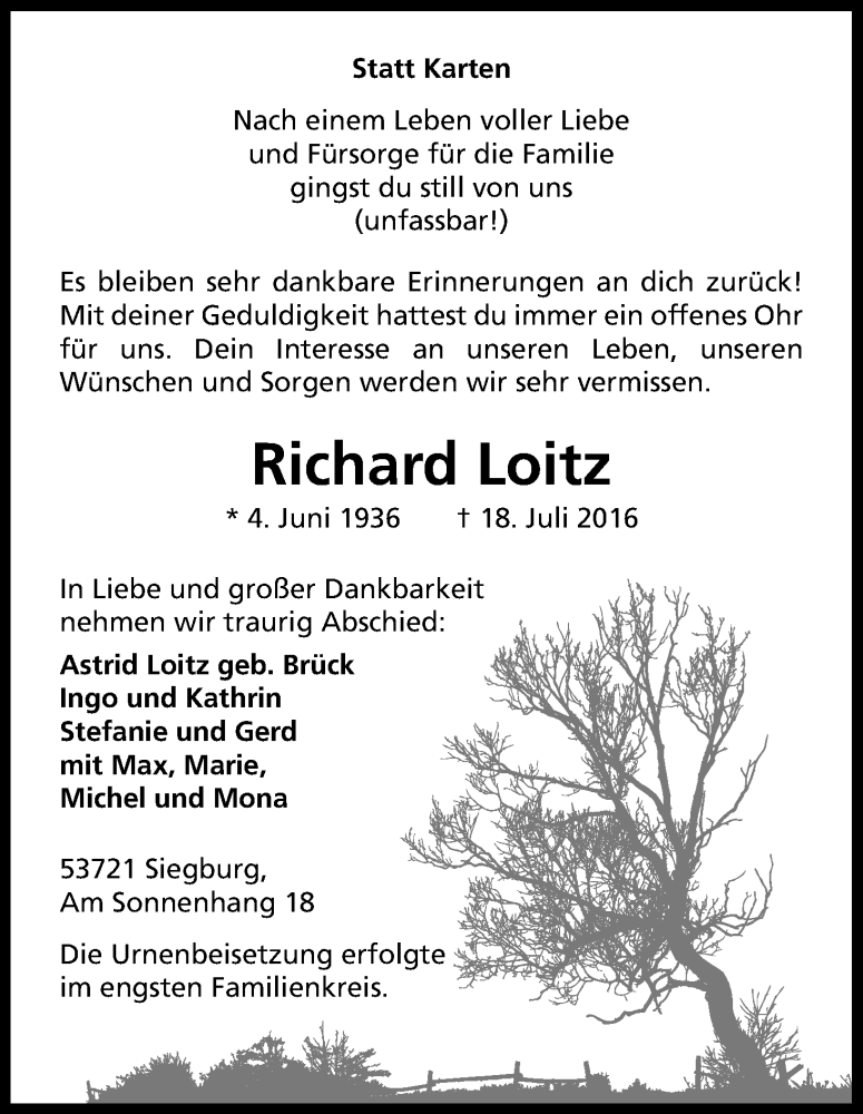 Traueranzeige für Richard Loitz vom 06.08.2016 aus Kölner Stadt-Anzeiger / Kölnische Rundschau / Express