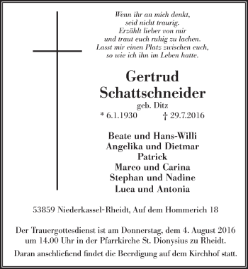 Anzeige von Gertrud Schattschneider von  Extra Blatt 