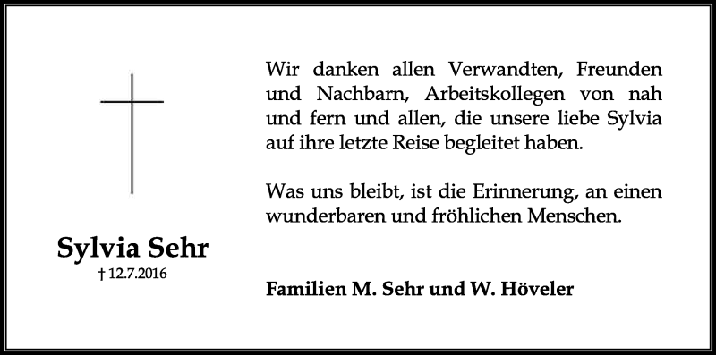  Traueranzeige für Sylvia Sehr vom 13.08.2016 aus Kölner Stadt-Anzeiger / Kölnische Rundschau / Express