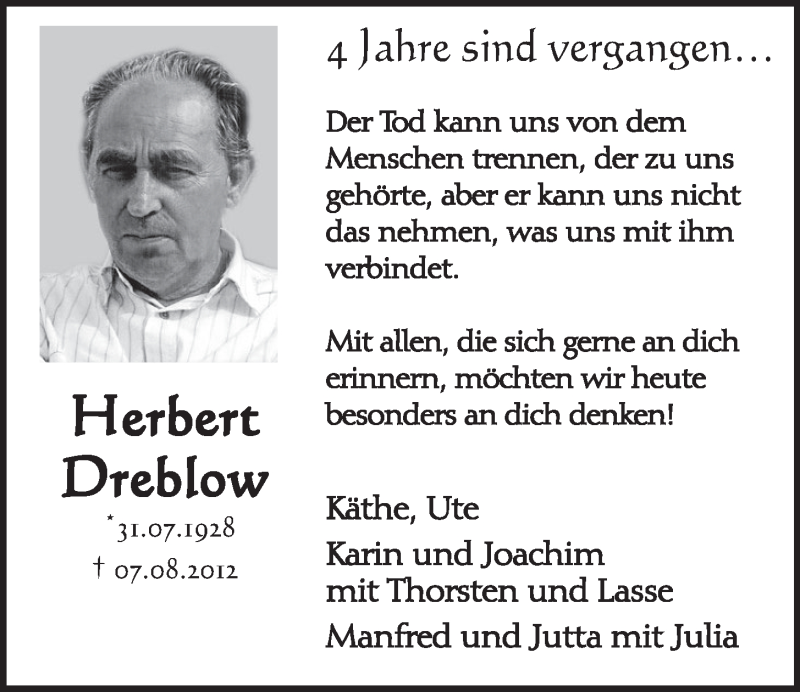  Traueranzeige für Herbert Dreblow vom 03.08.2016 aus  Schlossbote/Werbekurier 
