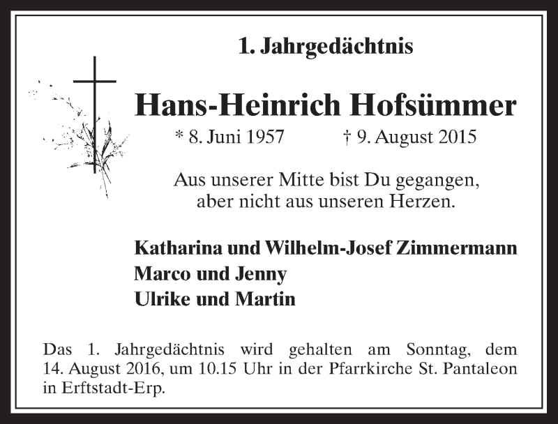  Traueranzeige für Hans-Heinrich Hofsümmer vom 10.08.2016 aus  Werbepost 