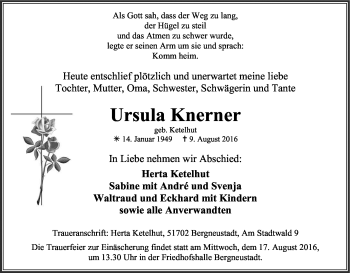 Anzeige von Ursula Knerner von Kölner Stadt-Anzeiger / Kölnische Rundschau / Express