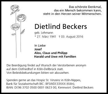 Anzeige von Dietlind Beckers von Kölner Stadt-Anzeiger / Kölnische Rundschau / Express