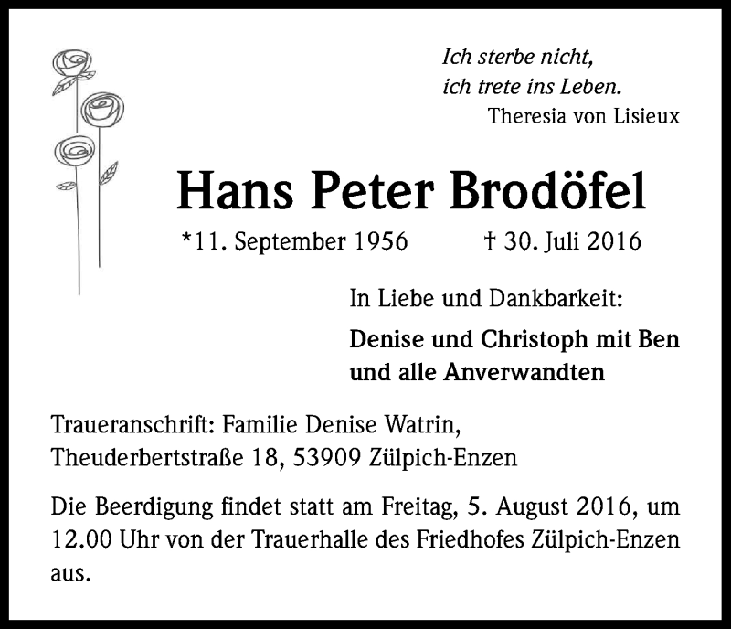  Traueranzeige für Hans Peter Brodöfer vom 03.08.2016 aus Kölner Stadt-Anzeiger / Kölnische Rundschau / Express