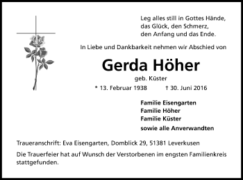 Anzeige von Gerda Höher von Kölner Stadt-Anzeiger / Kölnische Rundschau / Express