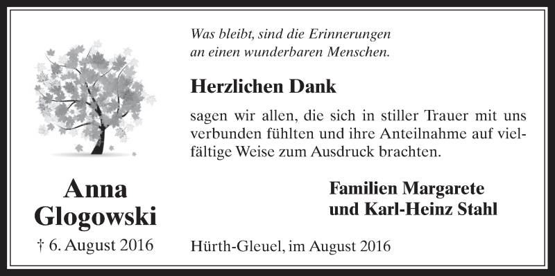  Traueranzeige für Anna Glogowski vom 31.08.2016 aus  Wochenende 