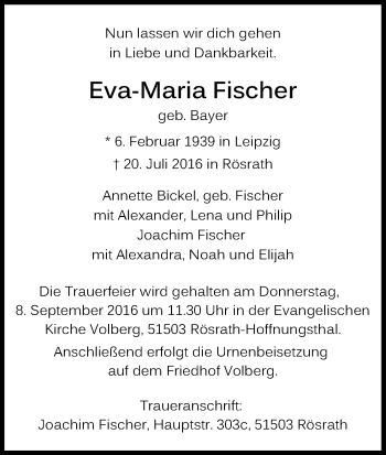 Anzeige von Eva-Maria Fischer von Kölner Stadt-Anzeiger / Kölnische Rundschau / Express