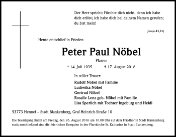 Anzeige von Peter Paul Nöbel von Kölner Stadt-Anzeiger / Kölnische Rundschau / Express