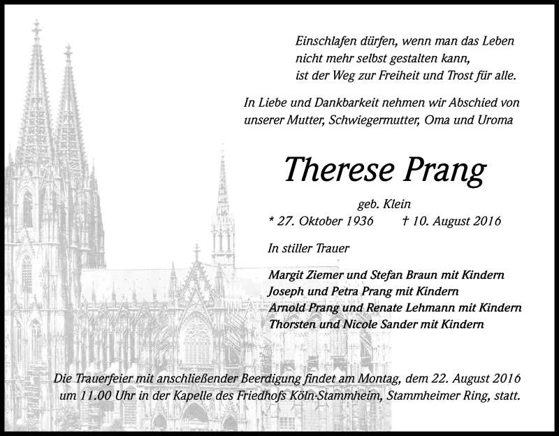  Traueranzeige für Therese Prang vom 13.08.2016 aus Kölner Stadt-Anzeiger / Kölnische Rundschau / Express