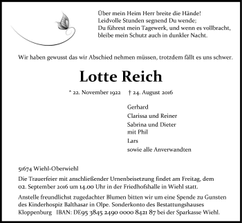 Anzeige von Lotte Reich von Kölner Stadt-Anzeiger / Kölnische Rundschau / Express