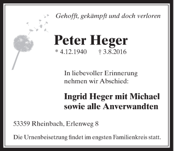 Anzeige von Peter Heger von  Schaufenster/Blickpunkt 