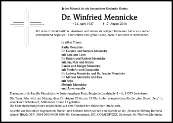 Anzeige von Winfried Mennicke von Kölner Stadt-Anzeiger / Kölnische Rundschau / Express