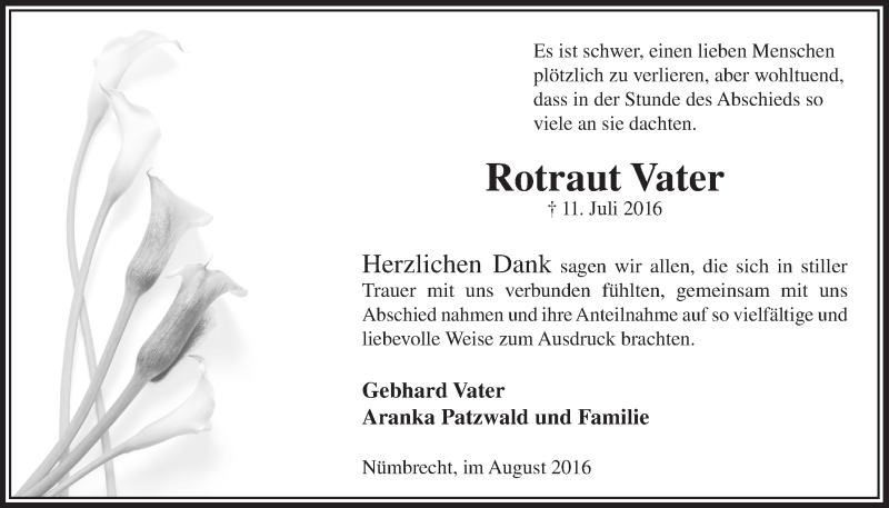  Traueranzeige für Rotraut Vater vom 24.08.2016 aus  Lokalanzeiger 
