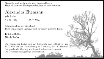 Anzeige von Alexandra Ehemann von Kölner Stadt-Anzeiger / Kölnische Rundschau / Express