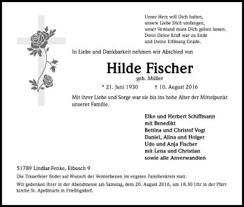 Anzeige von Hilde Fischer von Kölner Stadt-Anzeiger / Kölnische Rundschau / Express