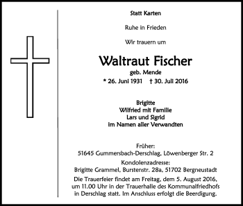 Anzeige von Waltraut Fischer von Kölner Stadt-Anzeiger / Kölnische Rundschau / Express