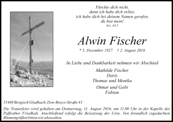 Anzeige von Alwin Fischer von Kölner Stadt-Anzeiger / Kölnische Rundschau / Express