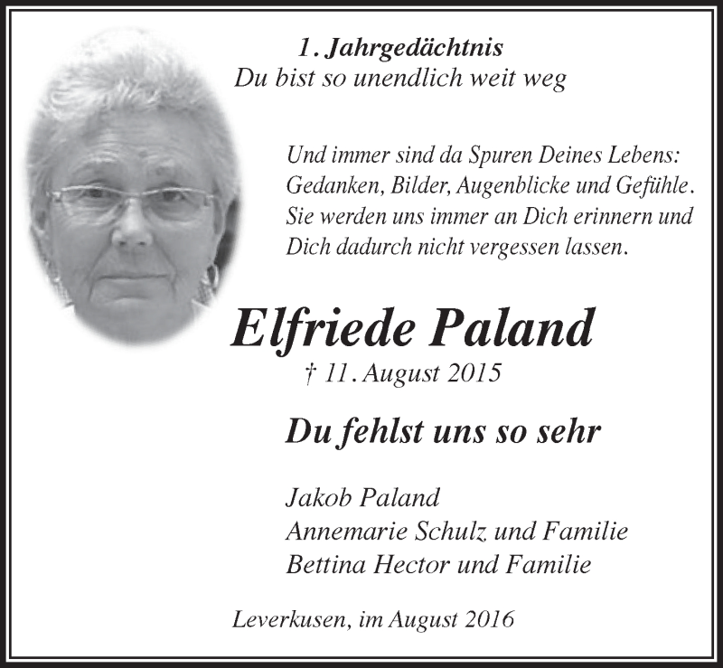  Traueranzeige für Elfriede Paland vom 10.08.2016 aus  Lokale Informationen 