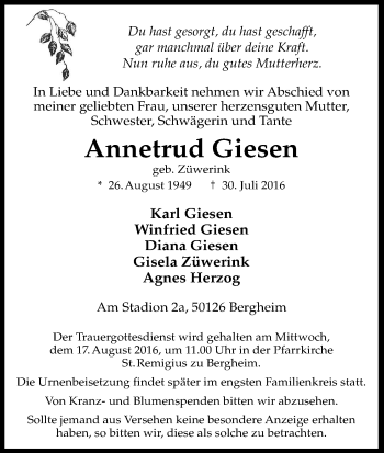 Anzeige von Annetrud Giesen von Kölner Stadt-Anzeiger / Kölnische Rundschau / Express