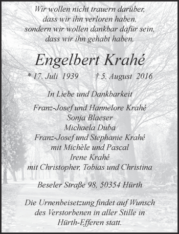 Anzeige von Engelbert Krahé von  Sonntags-Post 