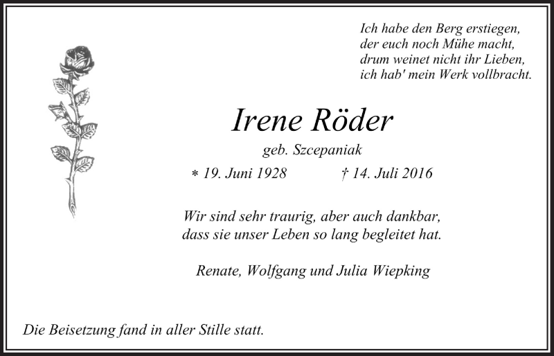  Traueranzeige für Irene Röder vom 03.08.2016 aus  Bergisches Handelsblatt 