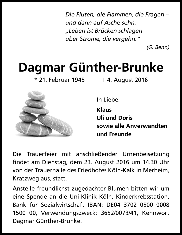  Traueranzeige für Dagmar Günther-Brunke vom 20.08.2016 aus Kölner Stadt-Anzeiger / Kölnische Rundschau / Express