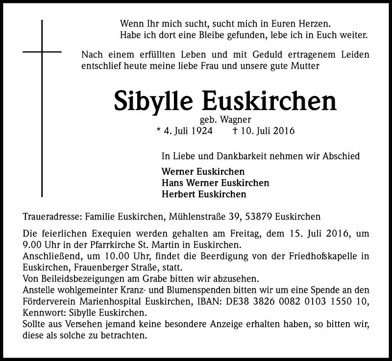  Traueranzeige für Sibylle Euskirchen vom 13.07.2016 aus Kölner Stadt-Anzeiger / Kölnische Rundschau / Express