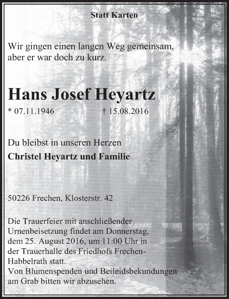  Traueranzeige für Hans Josef Heyartz vom 20.08.2016 aus  Sonntags-Post 
