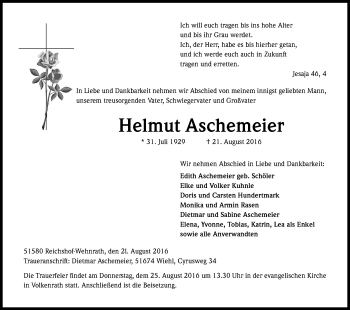 Anzeige von Helmut Aschemeier von Kölner Stadt-Anzeiger / Kölnische Rundschau / Express